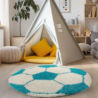 Carpettex Kinderteppich Fußball-Design Türkis 100 cm Rund - Hochflor Teppich Kinderzimmer für Mädchen und Jungen Super Weich Flauschig - Runder Spielteppich Babyteppich Gaming Teppich Babyzimmer