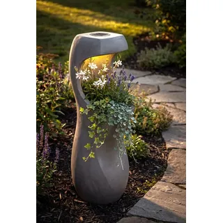 Arnusa Blumentopf Design Blumentopf mit LED Solarbeleuchtung 71 cm Betonoptik 7kg, Solar Gartenbeleuchtung grau 25 cm x 71 cm x 25 cm
