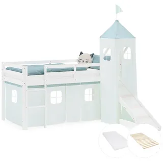Homestyle4u Hochbett 90 x 200 cm Kiefer lackiert weiß mint