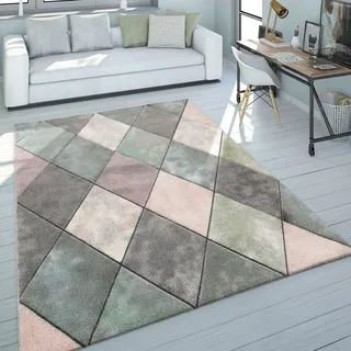 Paco Home Teppich Wohnzimmer Bunt Pastellfarben Rauten Muster 3-d Design Kurzflor Robust 60x110 Cm