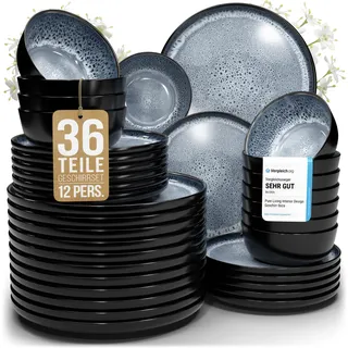 Steingut Geschirrset 12 Personen Ibiza 36 tlg. TESTSIEGER, Traumhaftes Mediterranes Steingut Geschirr Set, Schüssel- und Teller Set, Tafelservice 12 Personen, Geschirrsets Pure Living in Graublau