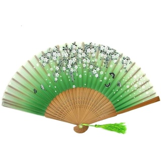 Asia Art Factory AAF Nommel ®, 1 STK Sommer Hand Bambus Wind Deko Fächer braun grün Blumen Schmetterling Nylonstoff transparent Nr. 923