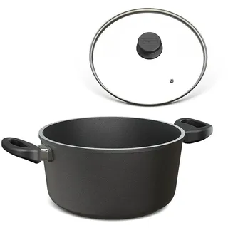 Hoffmann Aluguss Bräter Rund 11 cm Innenhöhe Ø 20 cm I 2,5 Liter I Elektroherd Induktionsherd Glaskeramikkochfeld Gasherd I Hohe Schmorpfanne mit Glasdeckel