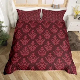 Homewish Gotische Bettwäsche Sets Erwachsene Schwarz Damast Bettbezug Set,Viktorianische Tröster Bezug 135x200 Vintage Barock Goth Bett Set Antik Schwarz Floral Böhmische Dekor,Rust Rot
