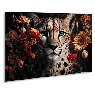 STYLER Glasbild 80x120 cm Löwe mit Blumen Naturmotiv modernes Wandbild Glasdekoration für Wohnzimmer Schlafzimmer Büro GLASSPIK LEO FLOWER