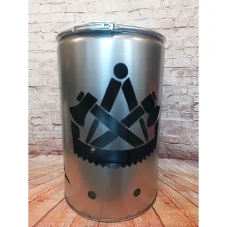 Fuchsbau Feuertonnen Feuertonne mit - Zimmermann - Motiv - Gefertigt aus neuem Ölfass - Besondere Feuerstelle für Garten und Terrasse - Hohe Feuerschale mit Rostoptik - 90 x 60 cm
