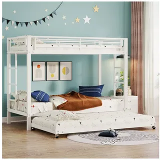 Flieks Etagenbett, Metallbett Hochbett Kinderbett 90x200cm mit Ausziehbett 90x190cm weiß 95 cm x 204 cm x 160 cm