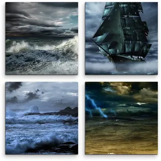 Paul Sinus Art 4 teiliges Leinwandbild je 20x20cm - Schiff Wasser Meer Unwetter Sturm