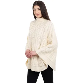 SAOL 100% Merinowolle Zopfmuster Damen Irish Aran Poncho Cardigan (Natürlich, Groß -X-Groß) - L-XL