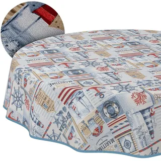Tischdecke abwaschbar Tischtuch Lotuseffekt pflegeleicht aus Baumwolle Polyester schmutzabweisend Outdoor Gartentischdecke Maritim Rund 100cm mit Paspelband