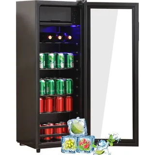 Merax Table Top Kühlschrank 128L mit Gefrierfach und Glastür, Flaschenkühlschränke mit LED-Beleuchtung und verstellebare Ablage, Getränkekühl... - Schwarz