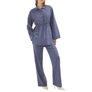 TRENDYOL Navy Blue Linen Blended Mother of Pearl Button Woven Bottom-Top Suit Tctss25Us00028
