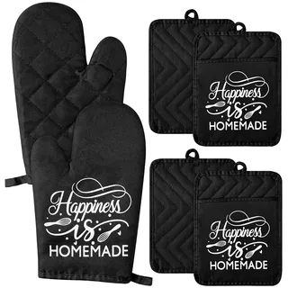 GROBRO7 6 teiliges lustiges Ofenhandschuh Set, Happiness is Homemade hitzebeständig heiße Pads maschinenwaschbar langlebiger Taschen Topflappen mit Aufhängeschlaufe für sicheres Backen Kochen Grillen