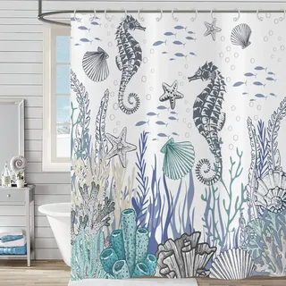 Hnmdmyi Duschvorhang Seepferdchen 90x180, Nautische Küsten Seestern Muschel Korallen Strand Ozean Thematisch Unterwasser Marine Badewanne Vorhang Wasserdicht Polyester Stoff Waschbar Badevorhang