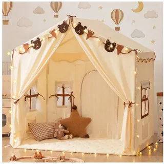 Insma Spielzelt 2 IN1 Kinderzelt Prinzessin Zelt mit Spielmatte, Sternenlicht,Wimpeln (130×89×130cm, Kinder Schlosszelt Spielhaus Betttunnel Bettzelt) mit 4 Fenstern und Tragetasche, für Indoor & Outdoor beige