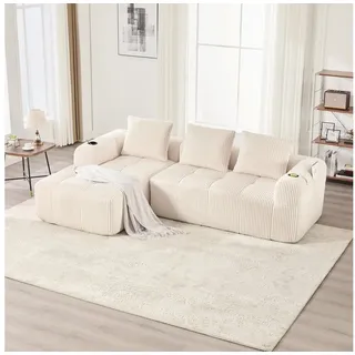 OKWISH Sofa Loungesofa, modular, mit Seitentasche und Getränkehalter. für langes Sitzen, inkl. 3 Kissen, Kompakt-Ecksofa aus Cord beige