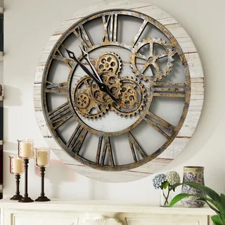 The Gears Clock Wanduhr Mit Echten Beweglichen Zahnraedern - America Collection - 24" Rund - Desert - Beige