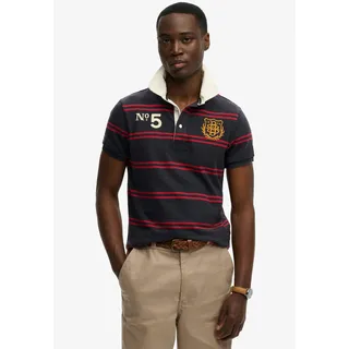 Poloshirt SUPERDRY "DOUBLE EMBLEM JERSEY SS RUGBY", Herren, Gr. M, schwarz (rot, navy stripe), Single Jersey, Obermaterial: 100% Baumwolle, gestreift, relaxed fit normal, Rundhals, Shirts, im angesagten Rugby Stil