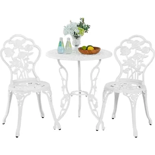 Yaheetech 3-tlg. Bistro Set im antiken Stil, inkl. 1 Gartentisch & 2 Gartenstühle, aus Metall, Aluguss, Balkonset Gartenset, Weiß - Weiß