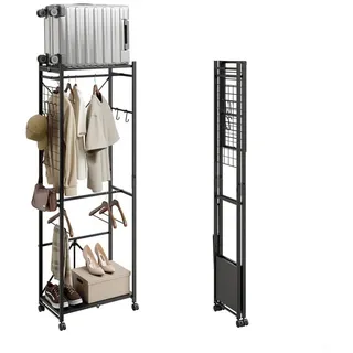 SoBuy Kleiderständer KLS21, Klappbarer Garderobenständer Schmal auf Rollen, (1er Set), mit Kleiderstange, Schuhablage, Haken & Gepäckständer für Schlafzimmer schwarz
