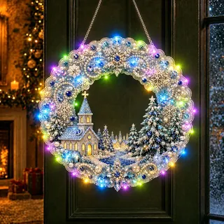 Diamond Painting Weihnachten mit LED,Diamant Painting Weihnachtskranz | Diamond Painting Erwachsene,25cm Weihnachtsgirlande Weihnachtsdeko mit Beleuchtung,DIY Türkranz Anhänger Geschenk