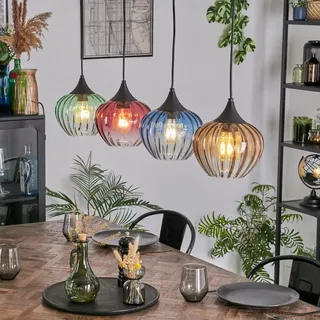 HOFSTEIN Hängeleuchte Cem, 4-flammige Hängelampe aus Metall/Riffelglas in Schwarz/Grün/Rot/Blau/Gelb/Klar, Pendelleuchte im Retro/Vintage-Design (Schirme Ø 18 cm), E27, Esszimmer, Küche, Wohnzimmer