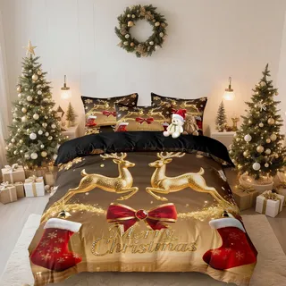 DXHOME Bettwäsche Weihnachten 135x200cm 4teilig Gold Rot Wintermotiv Deckenbezug für Mädchen Jungen Geschenke Weiche Mikrofaser Bettbezüge mit Reißverschluss und 2 Kissenbezüge 80×80cm