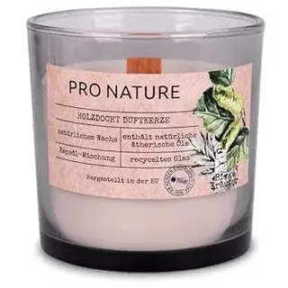 Müller Kerzen PRO NATURE Duftkerze im Glas mit Holzdocht und Rapswachs - Birke & Kräuter Duft - Enthält natürliche ätherische Öle und Rapsöl - 40 Stunden Brenndauer - Recyceltes Glas - 1er Pack