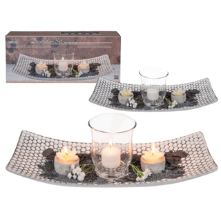 ootb Weiß/graue Holz-Schale, ca. 38 x 16 cm, mit Windlicht, ca. 11 x 9 cm, mit Kerze, 2 Blumen-Teelichtern, Dekosteinen, Dekosand & 2 weißen Dekoblumen