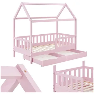 Juskys Kinderbett Marli 90 x 200 cm mit Bettkasten, Gitter, Lattenrost & Dach - Holz Hausbett Rosa