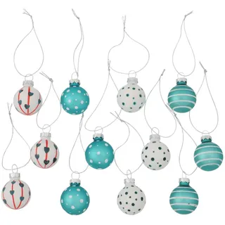 12 STK Glas Weihnachtskugeln blau türkis Weiss Punkte Herzen Streifen Christbaumschmuck Weihnachtsschmuck Anhänger Weihnachtsdeko Christbaum Kugeln Glaskugeln Dots gepunktet
