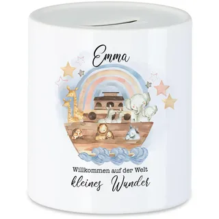 Kiddle-Design Spardose zur Geburt Arche Noah Geschenk zur Geburt Junge Mädchen Babygeschenk Personalisiert mit Name Baby Sprüche