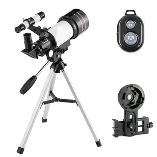 Outsunny Teleskop für Astronomie Anfänger Erwachsene 70mm Aperture 300mm AZ Mount Astronomisches Refraktor Teleskope Einsteiger, 70 mm Öffnung, 300 mm, F-Länge, Reiseteleskop Weiß mit Foto-Clip, Bluetooth, Selfie)