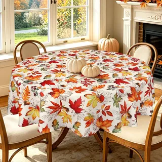 hometrixx Herbst Tischdecke Rund 160 cm Retro Vintage Blätter Ahornblätter | Tischdecken Abwaschbar, Fleckabweisend, Pflegeleicht, Polyester Tischtuch, für Party Picknick Abendessen Küche Dekor