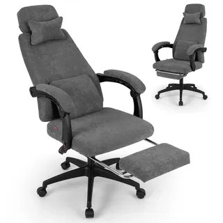 FANTASK Bürostuhl, Ergonomischer Schreibtischstuhl mit Liegefunktion & einziehbarer Fußstütze, Chefsessel mit Wippfunktion, Drehstuhl für Zuhause, Büro, Grau