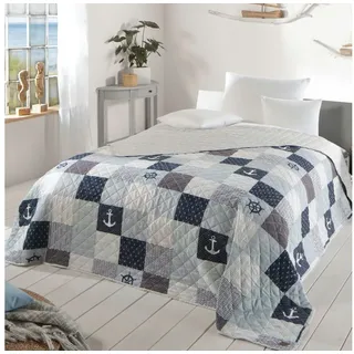Delindo Lifestyle Bettüberwurf Tagesdecke Patchwork, mit blau maritimen Motiven blau|weiß 220 cm x 240 cm