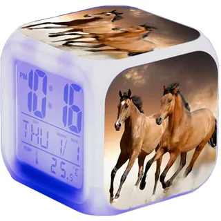 Nicole Knupfer Wecker Pferde Tier Alarm Kinder Beleuchteter LED Night Glowing Wecker mit Licht Aufwachen Geburtstagsgeschenke für Erwachsene (C)