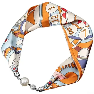 QuivyLivy Damen-Schalhalskette mit magnetischem Perlenverschluss, Retro-Blumendruck-Design, simulierter Seidenschal, einfacher Schnappverschluss, tragen (K)
