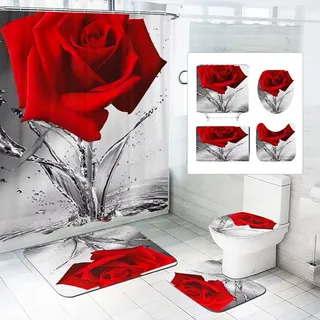 SMchwbc 4Pcs Rose Duschvorhänge Set Blumen Duschvorhang 180x180 180x200 Rosa Rosen Blümchen Shower Curtains Badezimmerteppich 4-teiliges Set (200 x 200 cm(BxH),10)