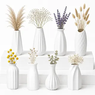 Weiß Keramik Vase Klein Set 8er, Kleine Vasen für Tischdeko, Boho Blumen Vasen, Home Deko Vase, Minimalistische Modern Geripptes Blumenvase, für Home Decor Hochzeit Esstisch Tischdeko (Weiße Variante)