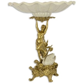 Casa Padrino Barock Porzellan Obstschale mit dekorativer Bronzefigur Creme / Gold Ø 44,6 x H. 53 cm - Barock Deko Accessoires