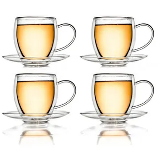 Creano Teeglas Thermotasse bauchig mit Untersetzer 250ml; 4er Set, 8-tlg., Borosilikatglas, Mit Untertasse und Henkel weiß