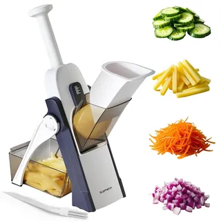 SUPMAKIN Gemüseschneider mit Auffangbecken – Manueller Gemüsehobel & Pommesschneider, Verstellbar 0,1–8 mm, Gurkenhobel Zwiebelschneider Mandoline Julienne Küchen Gemüse Küchenzubehör (6 in 1)