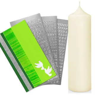WIKAKERZEN Taufkerze selber Machen Set mit Kerzen-Rohling Buchstaben und Wachsplatten mit Wachsmotiven | Jetzt Größe und Farben Wählen (Kerze 25x7 cm | Creme, Grün mit Taube)