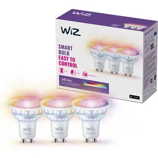 WiZ GU10 smarte LED Lampe, Glas, 3er-Pack - 50W, mit 16 Mio. Farben + Weißschattierungen, WLAN/Bluetooth, Sprach- / App-Steuerung, funktioniert mit Google Home, Alexa und HomeKit