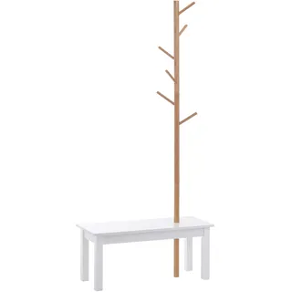 HOMCOM Garderobenständer Kleiderhaken Garderobe mit Sitzbank Baum-Design Zweige 6 Haken Eingangsbereich MDF + Bambus Weiß + Natur 80 x 30 x 180 cm