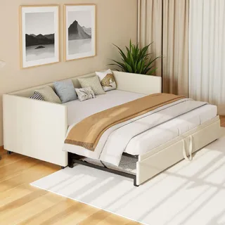 Schlafsofa 90/180x200cm mit Lattenrosten, Polsterbett mit Ausziehbett, Mehrzweck Schlafsofa,Klappsofa 2-Sitzer mit Rückenlehne aud Schlaffunktion, Samt, ohne Matratze (Beige, 213 x 183 x 74 cm)