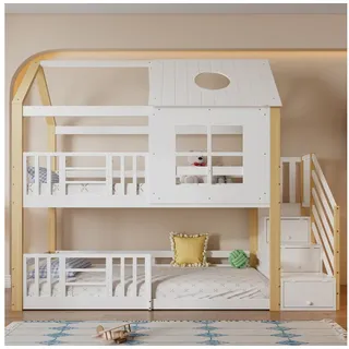 Flieks Etagenbett, Massivholz Hausbett Kinderbett 90x200cm mit Stauraumtreppe weiß