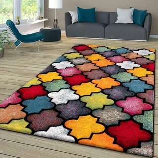 TT Home Wohnzimmer Teppich Bunt Kurzflor Wohnzimmerteppich Meliert 3D Optik Geometrisch, Farbe: Rot Blau Gelb, Größe:120x170 cm