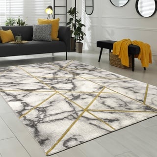 Paco Home Teppich Wohnzimmer Kurzflor Modernes Marmor Design Geometrisch Grau Gold, Grösse:160x230 cm